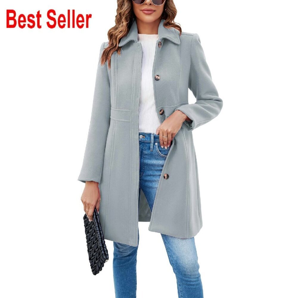 Elegant Single Breasted Pea Coat Wool Blend Classic Chic Work Office Wear